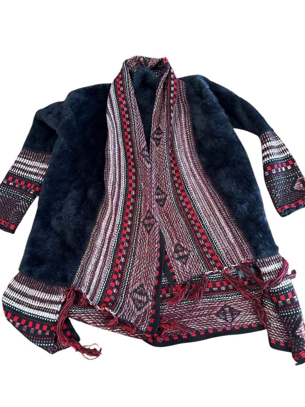 MAXSPORT Women's Faux Fur Southwest Print Fringed Open Front Cardigan Jacket